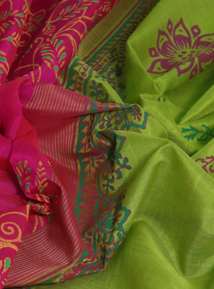 Silk cotton block printed saree pink and lime green with allover prints and printed border