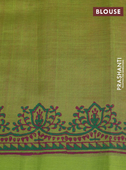 Silk cotton block printed saree pink and lime green with allover prints and printed border