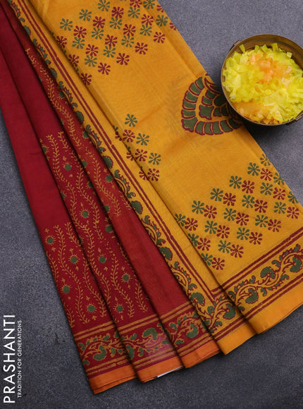 Silk cotton block printed saree maroon and yellow with butta prints and printed border