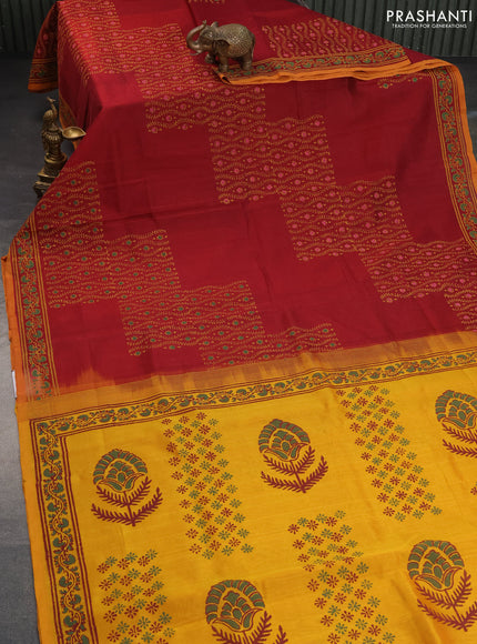 Silk cotton block printed saree maroon and yellow with butta prints and printed border