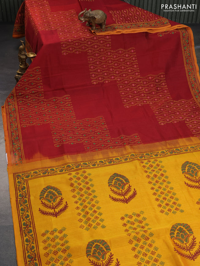 Silk cotton block printed saree maroon and yellow with butta prints and printed border