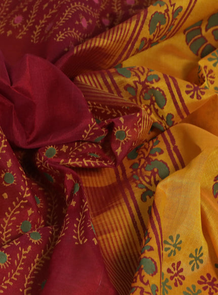 Silk cotton block printed saree maroon and yellow with butta prints and printed border