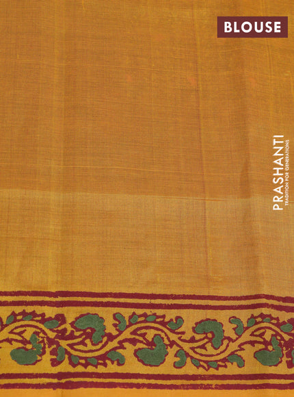 Silk cotton block printed saree maroon and yellow with butta prints and printed border