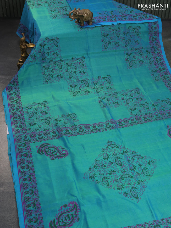 Silk cotton block printed saree dual shade of teal green with allover prints and printed border