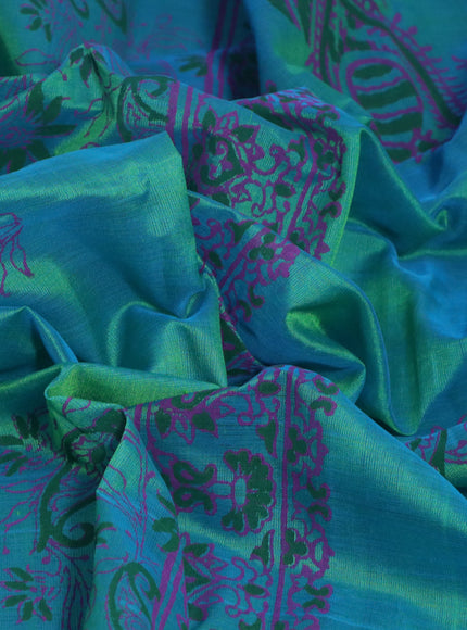 Silk cotton block printed saree dual shade of teal green with allover prints and printed border