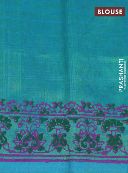 Silk cotton block printed saree dual shade of teal green with allover prints and printed border