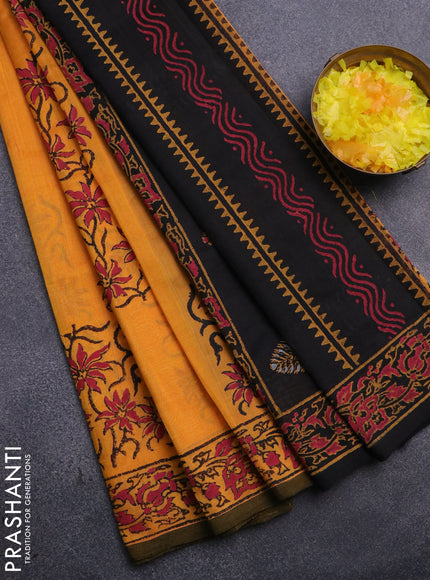 Silk cotton block printed saree mango yellow and black with box type butta prints and printed border