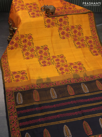 Silk cotton block printed saree mango yellow and black with box type butta prints and printed border