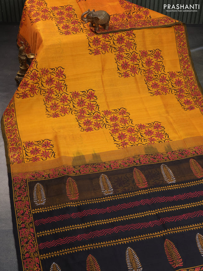 Silk cotton block printed saree mango yellow and black with box type butta prints and printed border