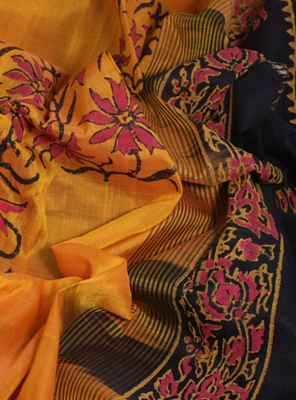 Silk cotton block printed saree mango yellow and black with box type butta prints and printed border