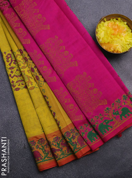 Silk cotton block printed saree pink and yellow with butta prints and printed border