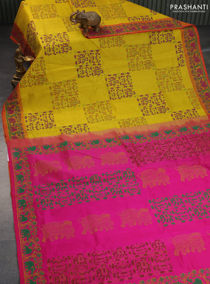 Silk cotton block printed saree pink and yellow with butta prints and printed border