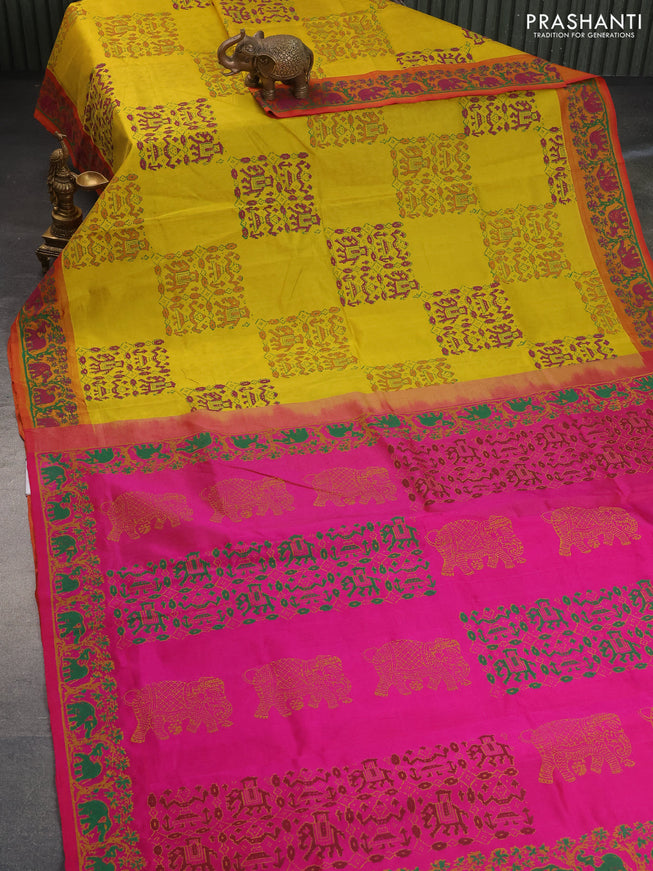 Silk cotton block printed saree pink and yellow with butta prints and printed border