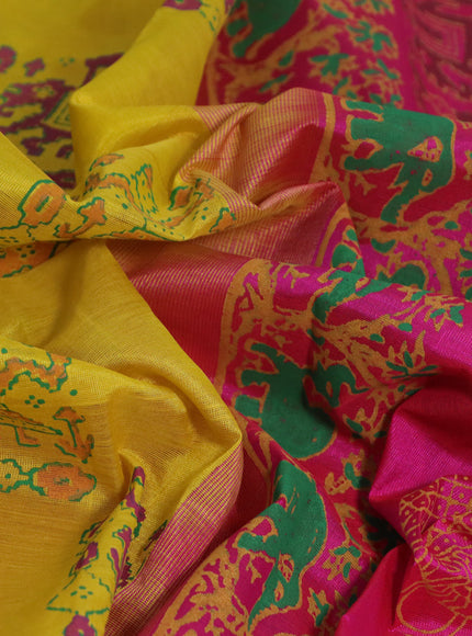 Silk cotton block printed saree pink and yellow with butta prints and printed border