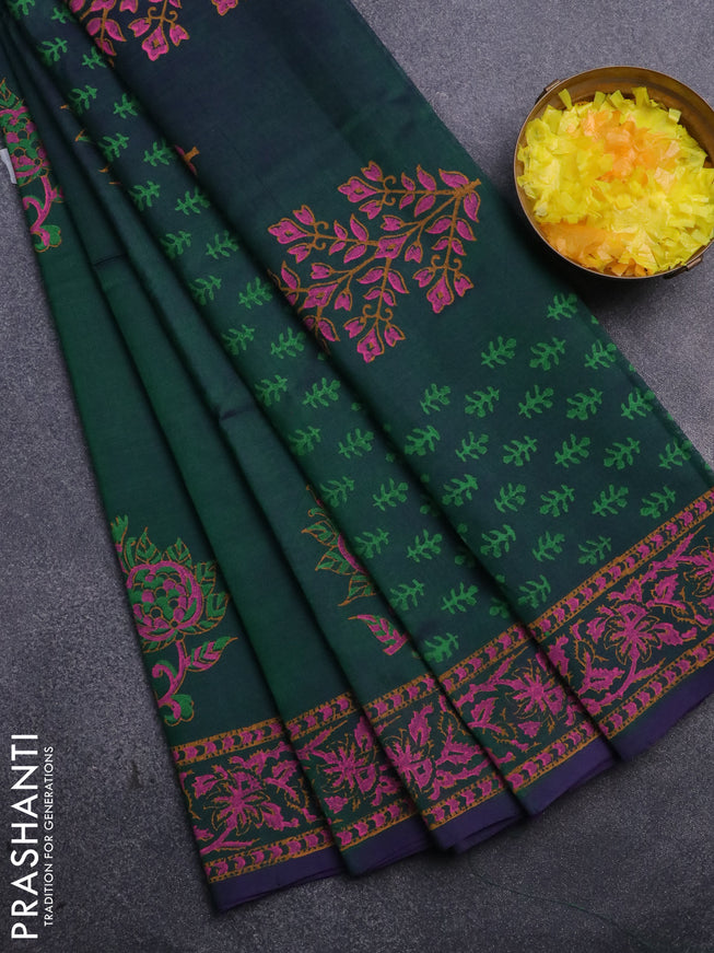 Silk cotton block printed saree dual shade of bluish green with butta prints and printed border