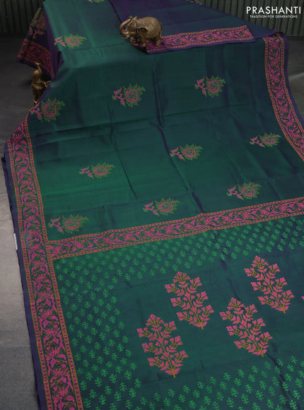 Silk cotton block printed saree dual shade of bluish green with butta prints and printed border