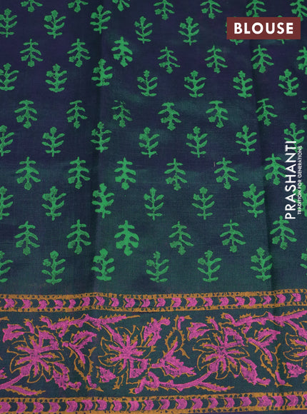 Silk cotton block printed saree dual shade of bluish green with butta prints and printed border