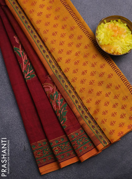 Silk cotton block printed saree maroon and mustard yellow with butta prints and printed border