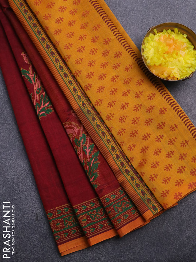 Silk cotton block printed saree maroon and mustard yellow with butta prints and printed border