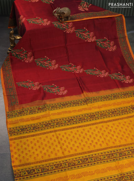 Silk cotton block printed saree maroon and mustard yellow with butta prints and printed border