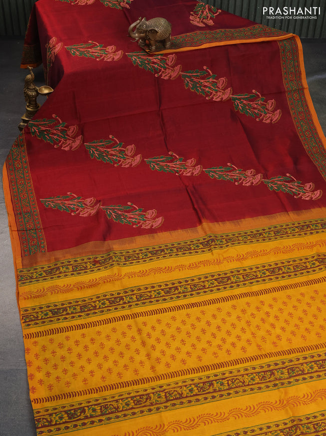 Silk cotton block printed saree maroon and mustard yellow with butta prints and printed border