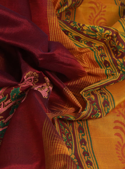 Silk cotton block printed saree maroon and mustard yellow with butta prints and printed border