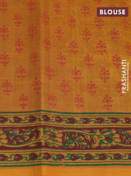 Silk cotton block printed saree maroon and mustard yellow with butta prints and printed border