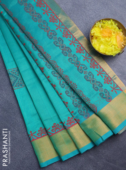 Silk cotton block printed saree green with butta prints and zari woven border