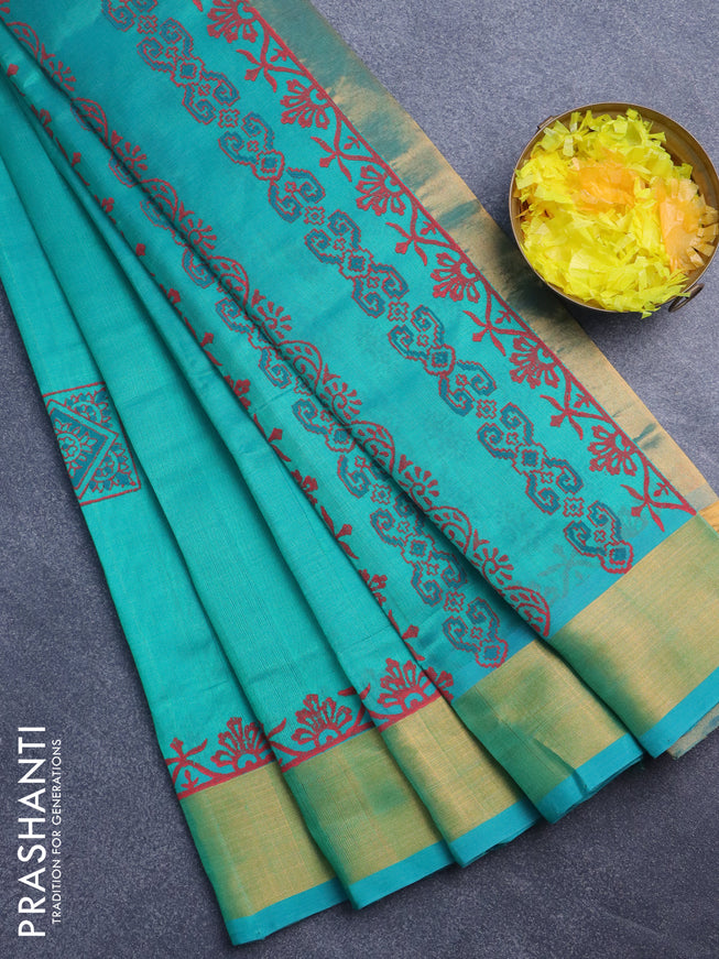 Silk cotton block printed saree green with butta prints and zari woven border