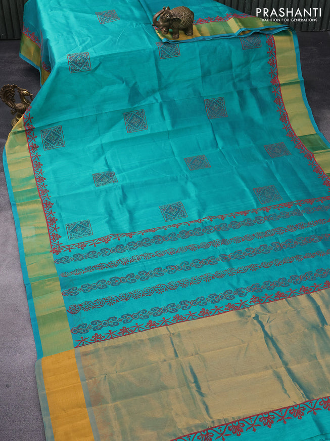 Silk cotton block printed saree green with butta prints and zari woven border