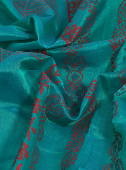 Silk cotton block printed saree green with butta prints and zari woven border