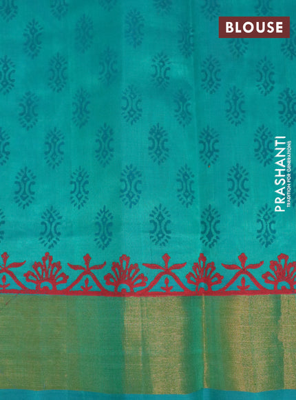 Silk cotton block printed saree green with butta prints and zari woven border