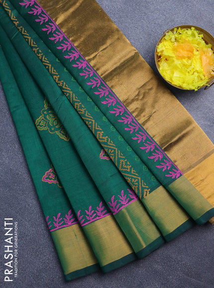 Silk cotton block printed saree green with butta prints and zari woven border