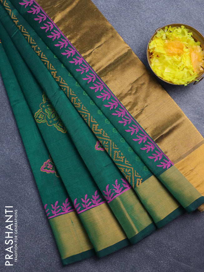 Silk cotton block printed saree green with butta prints and zari woven border