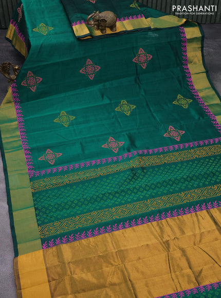 Silk cotton block printed saree green with butta prints and zari woven border