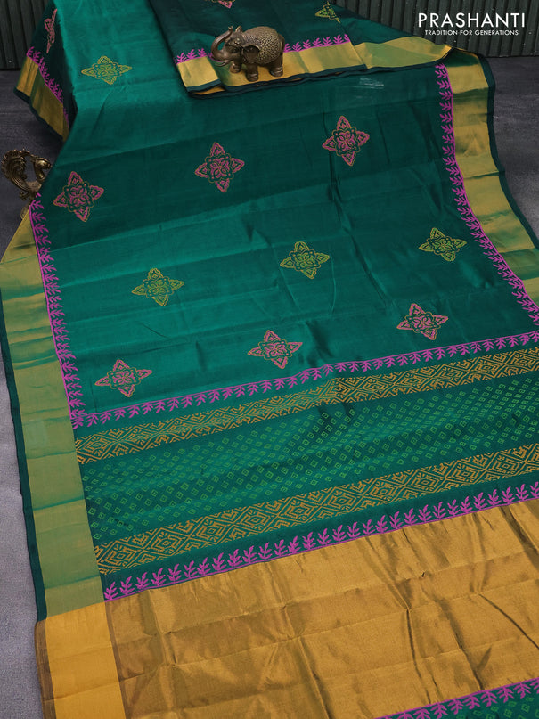 Silk cotton block printed saree green with butta prints and zari woven border