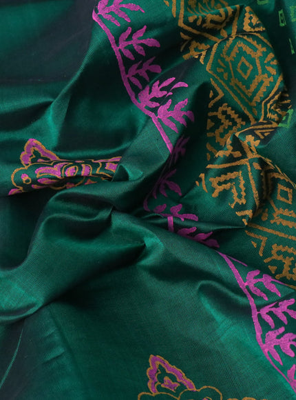 Silk cotton block printed saree green with butta prints and zari woven border