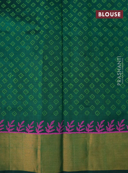 Silk cotton block printed saree green with butta prints and zari woven border