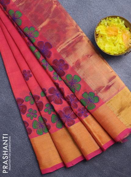 Silk cotton block printed saree dual shade of pink with butta prints and zari woven border