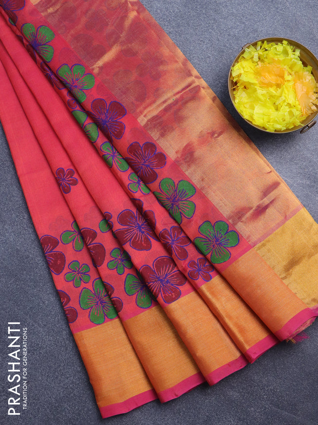 Silk cotton block printed saree dual shade of pink with butta prints and zari woven border