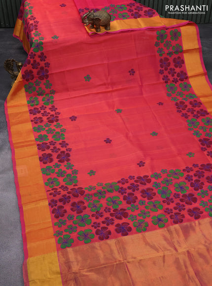 Silk cotton block printed saree dual shade of pink with butta prints and zari woven border