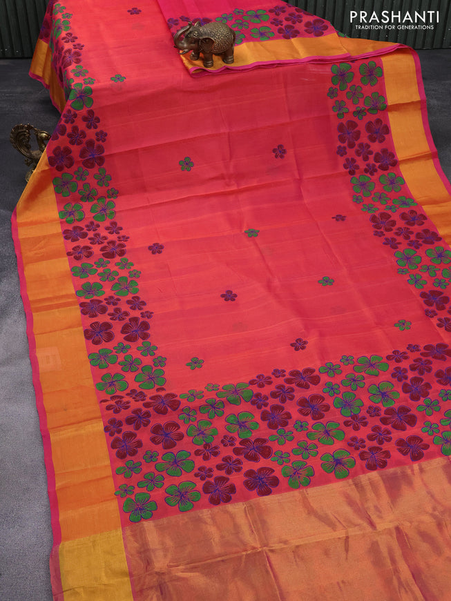 Silk cotton block printed saree dual shade of pink with butta prints and zari woven border