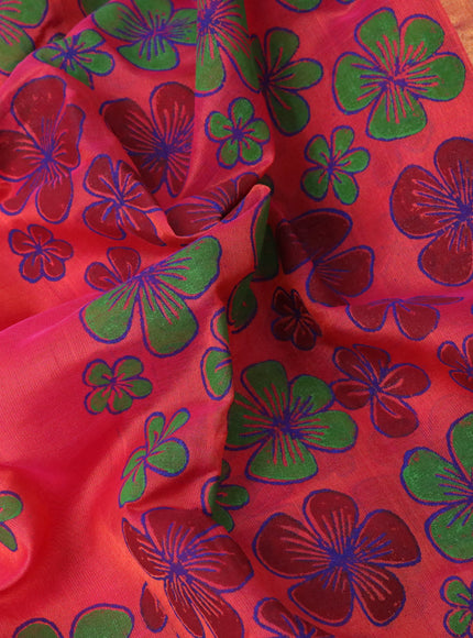 Silk cotton block printed saree dual shade of pink with butta prints and zari woven border