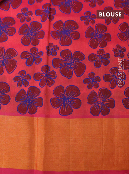 Silk cotton block printed saree dual shade of pink with butta prints and zari woven border