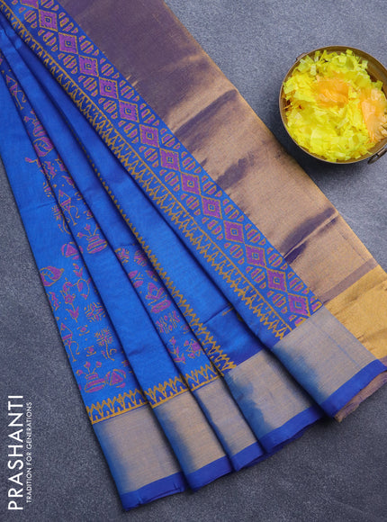 Silk cotton block printed saree cs blue with allover prints and zari woven border