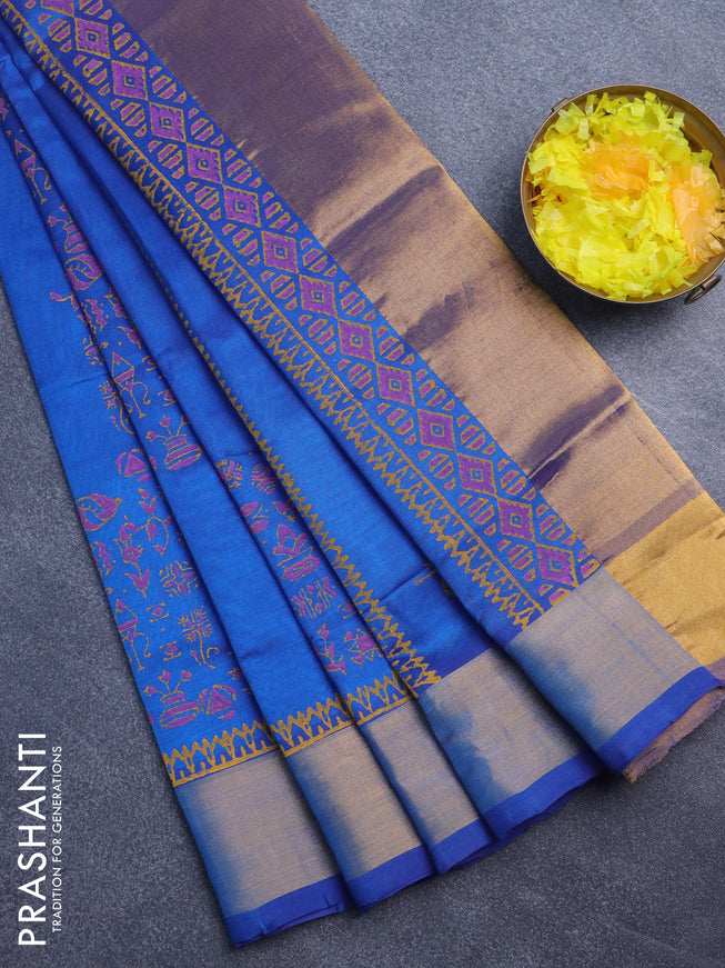 Silk cotton block printed saree cs blue with allover prints and zari woven border