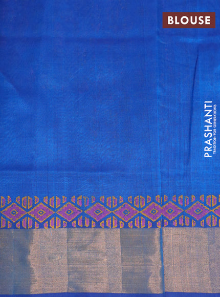 Silk cotton block printed saree cs blue with allover prints and zari woven border