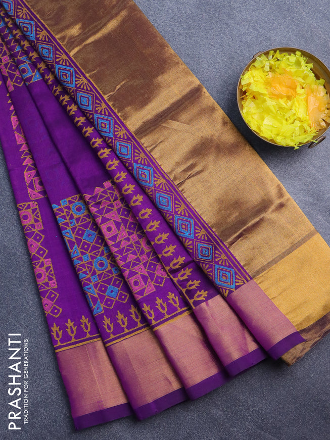 Silk cotton block printed saree deep purple with allover prints and zari woven border