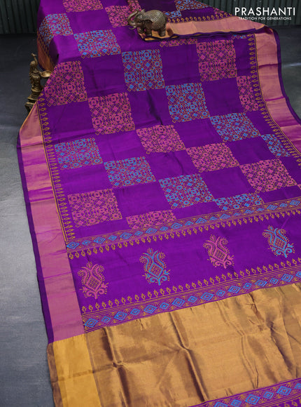 Silk cotton block printed saree deep purple with allover prints and zari woven border