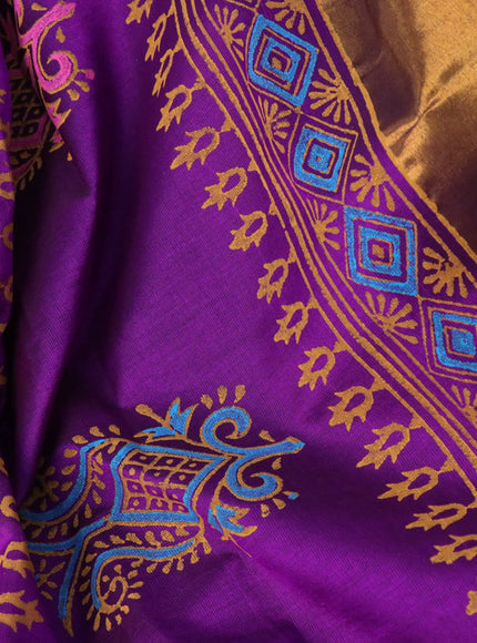 Silk cotton block printed saree deep purple with allover prints and zari woven border